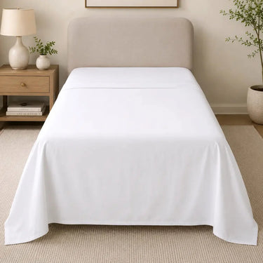 Front view of the Grande Hotel white flat sheet with a clean hotel-style finish, breathable cotton blend fabric and durable construction for homes, hotels and Airbnb properties in Australia.