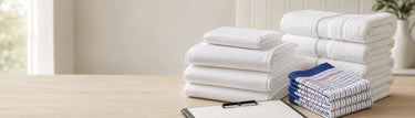 Terms of service documents beside white bed sheets, bath towels and checked kitchen linen for Linen King Australia.